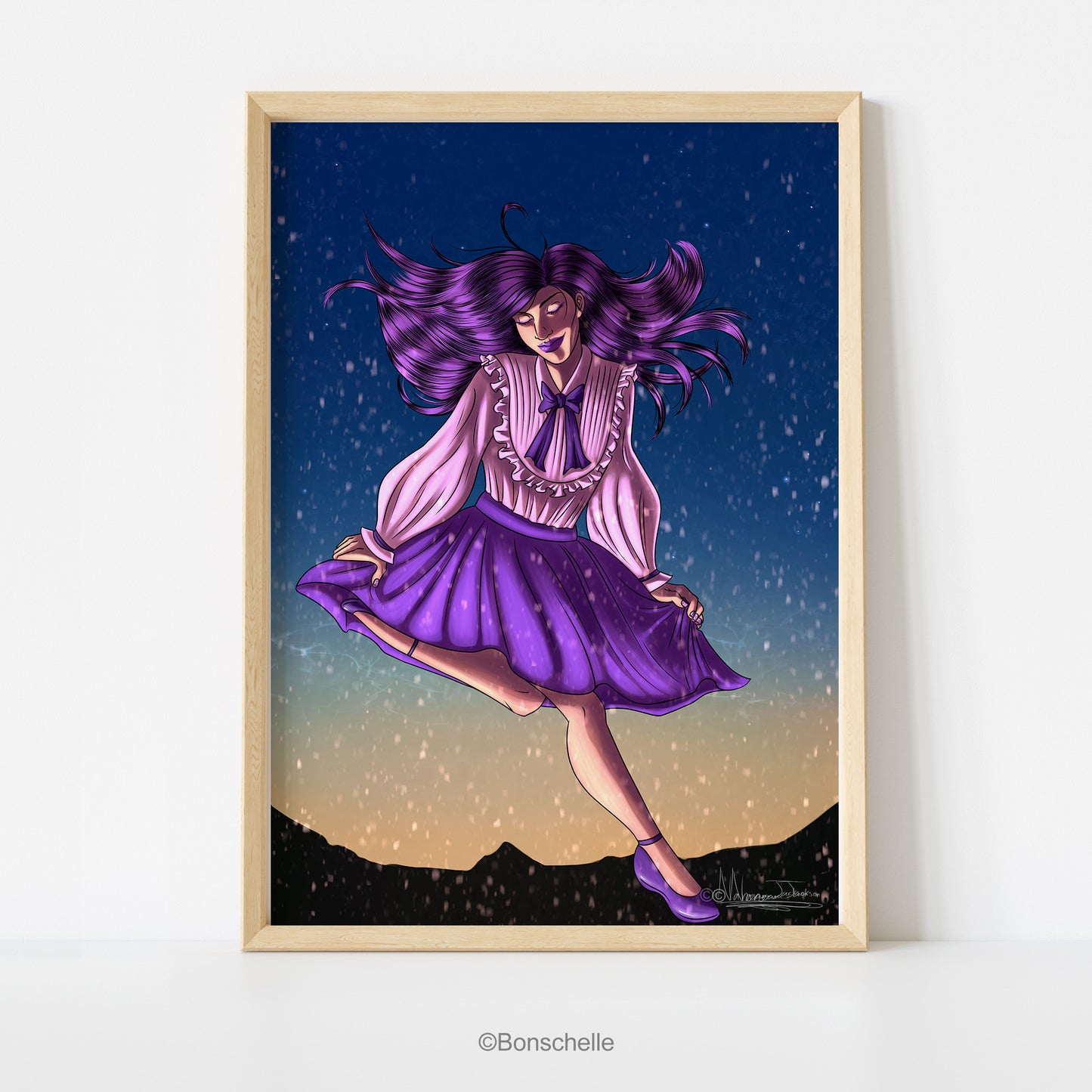 An original art print featuring a young girl in Lolita fashion dancing happily in the snow against an evening sky. The poster has a pinewood frame.
