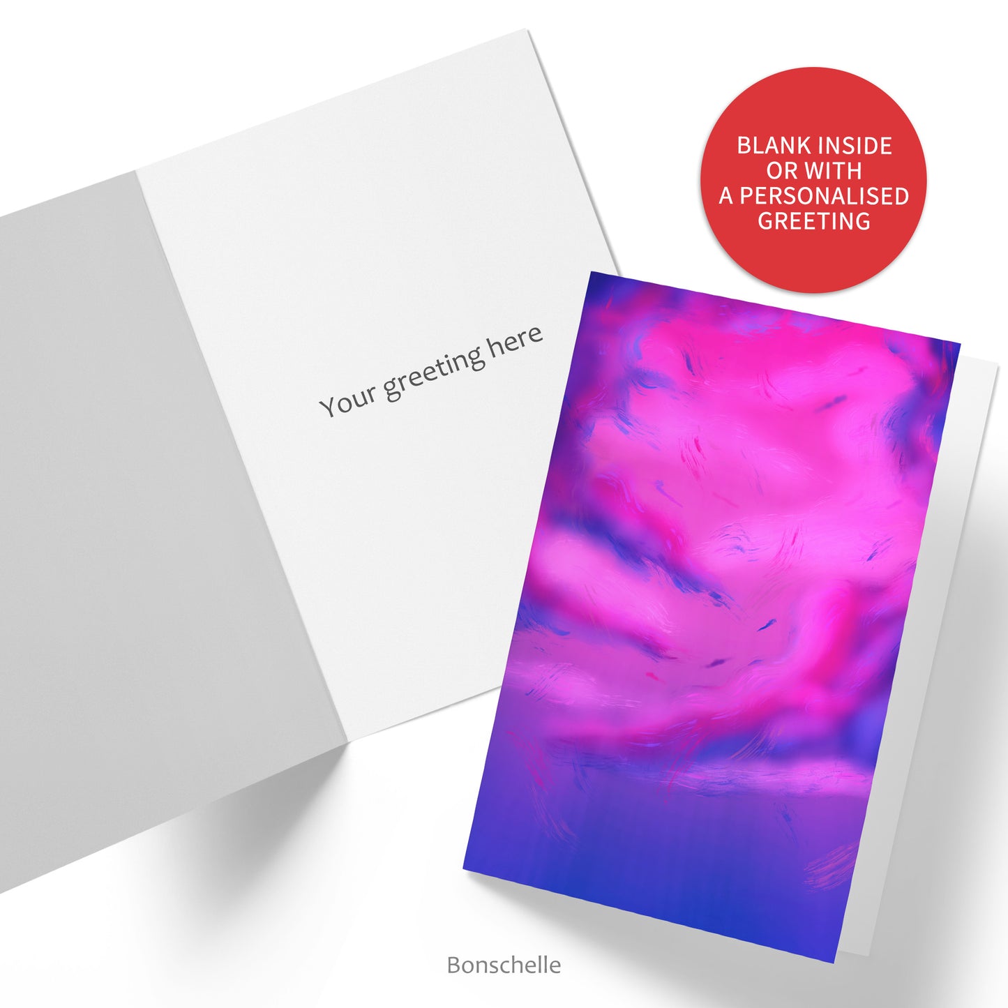 Greeting card with original art design inspired by the colours of the Bisexual Pride Flag. Inside of card shown with custom greeting. Red sticker says ‘Blank inside or with a personalised greeting.’