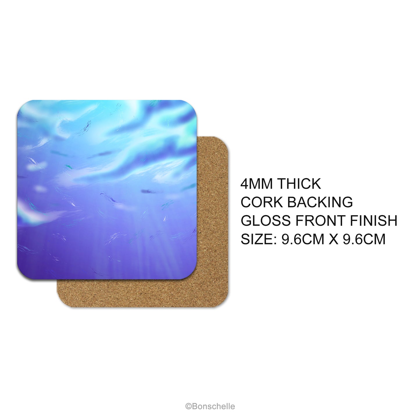 Coaster product details. 4mm Thick, cork backing, gloss front finish, size 9.6cm x 9.6cm.