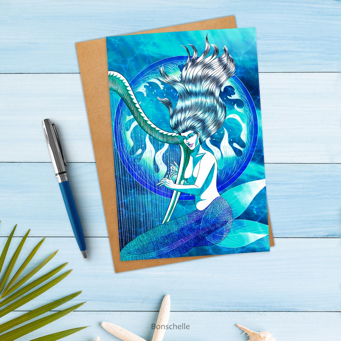 Blue Mermaid with Harp Art Greeting Card, Personalised or Blank