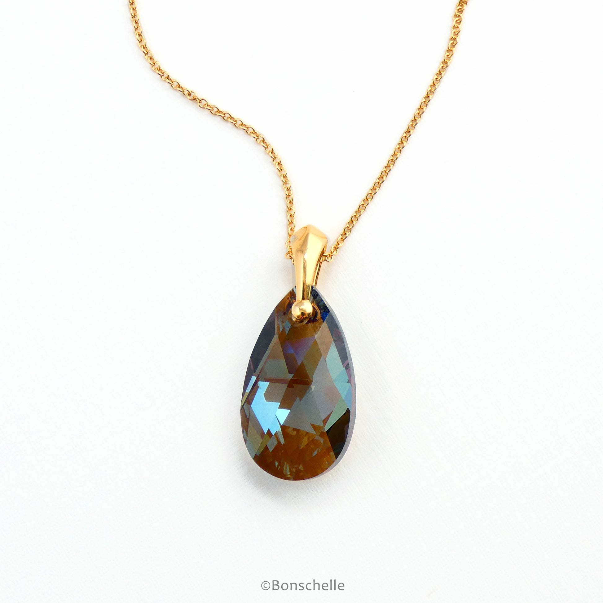 Handmade necklace with a bronze toned teardrop shape faceted crystal bead and 14K gold filled chain for women.