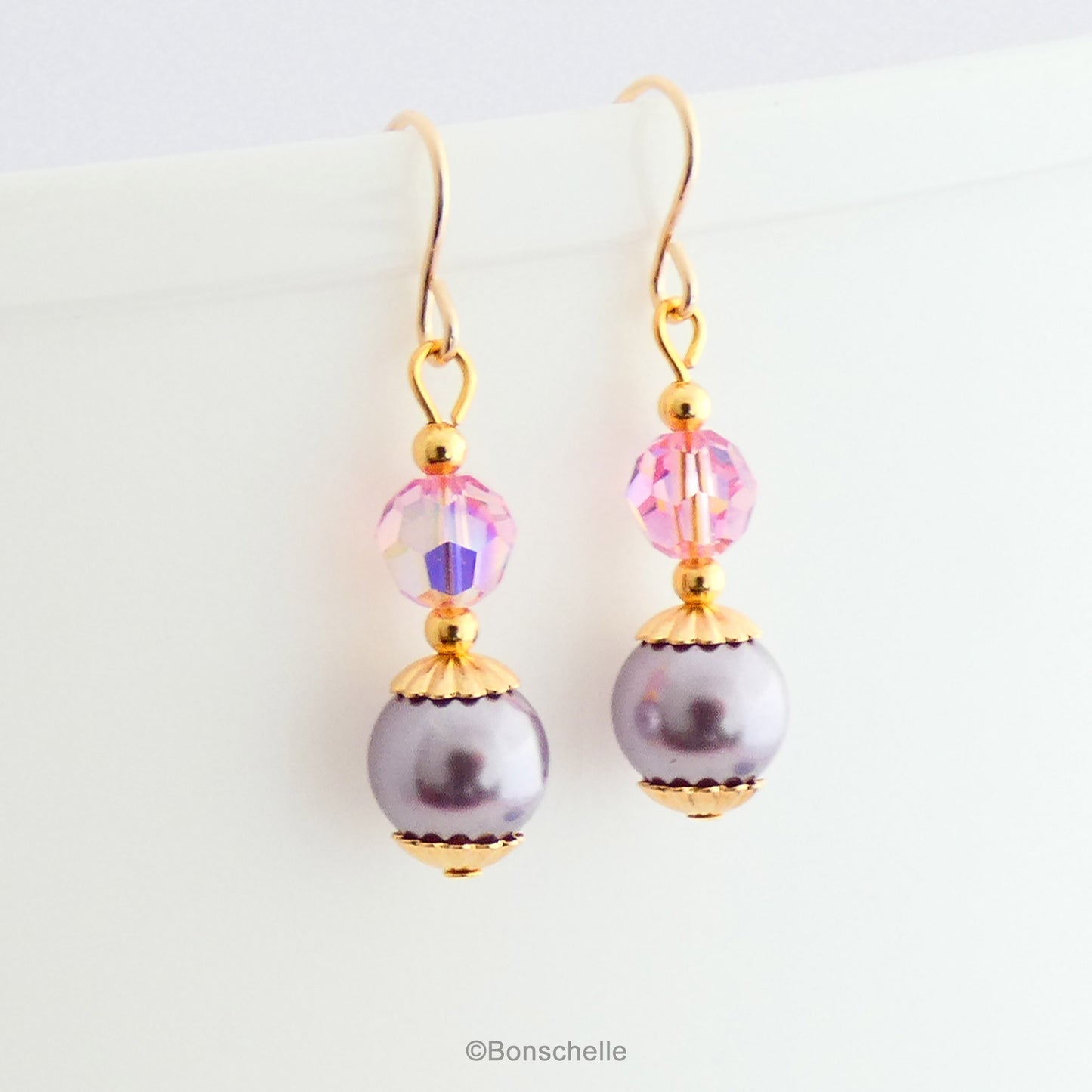 lavender pearls and and pink crystal earrings with  14K gold filled earwires for women