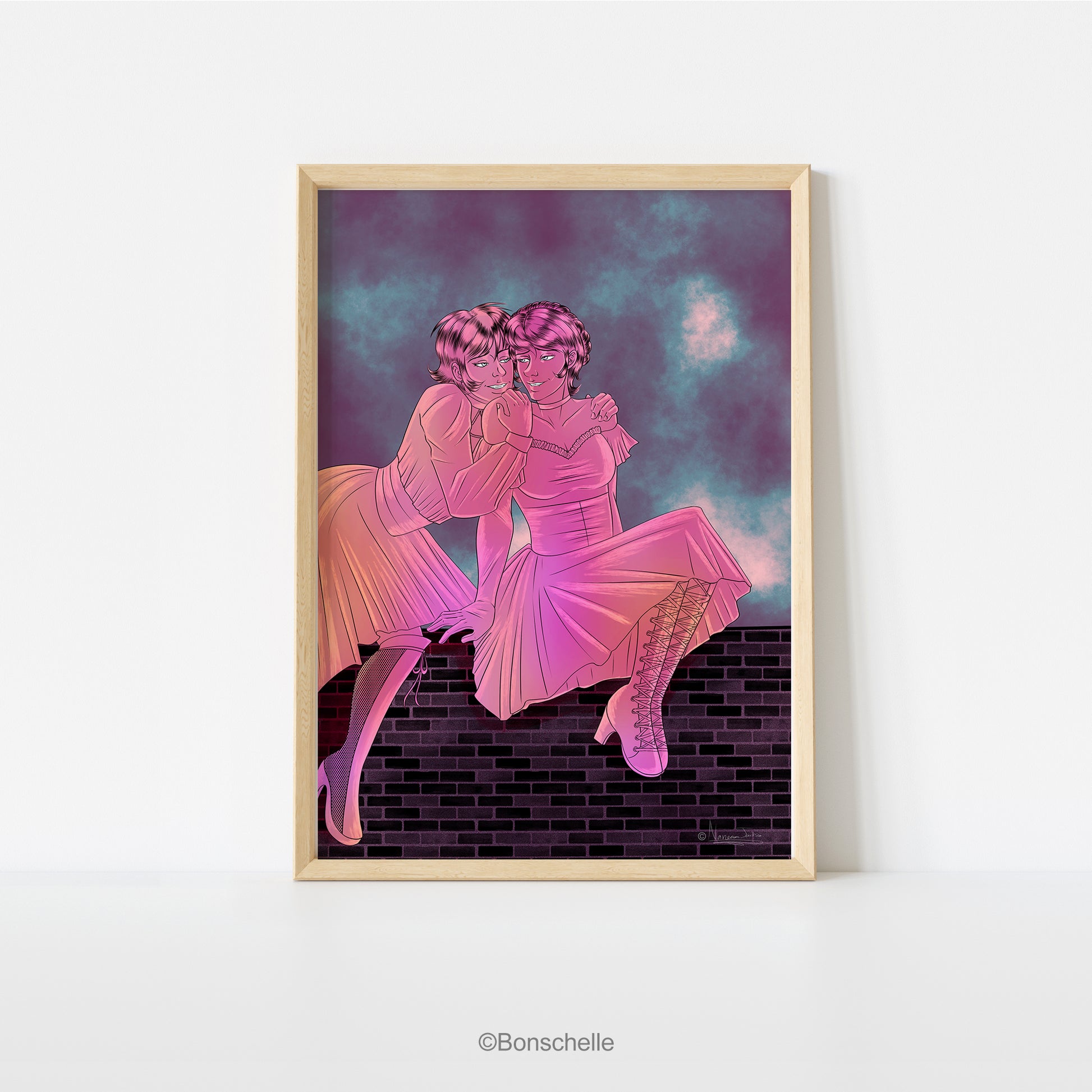 Vampire Lolita Lovers Neon Gothic Digital Art Poster Print, shwon framed hanging on a wall