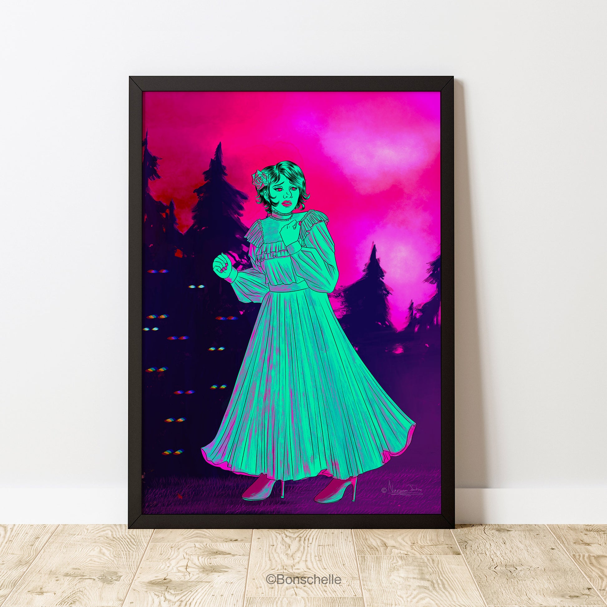 Maiden Lost In The Woods Neon Gothic Digital Art Poster Print,