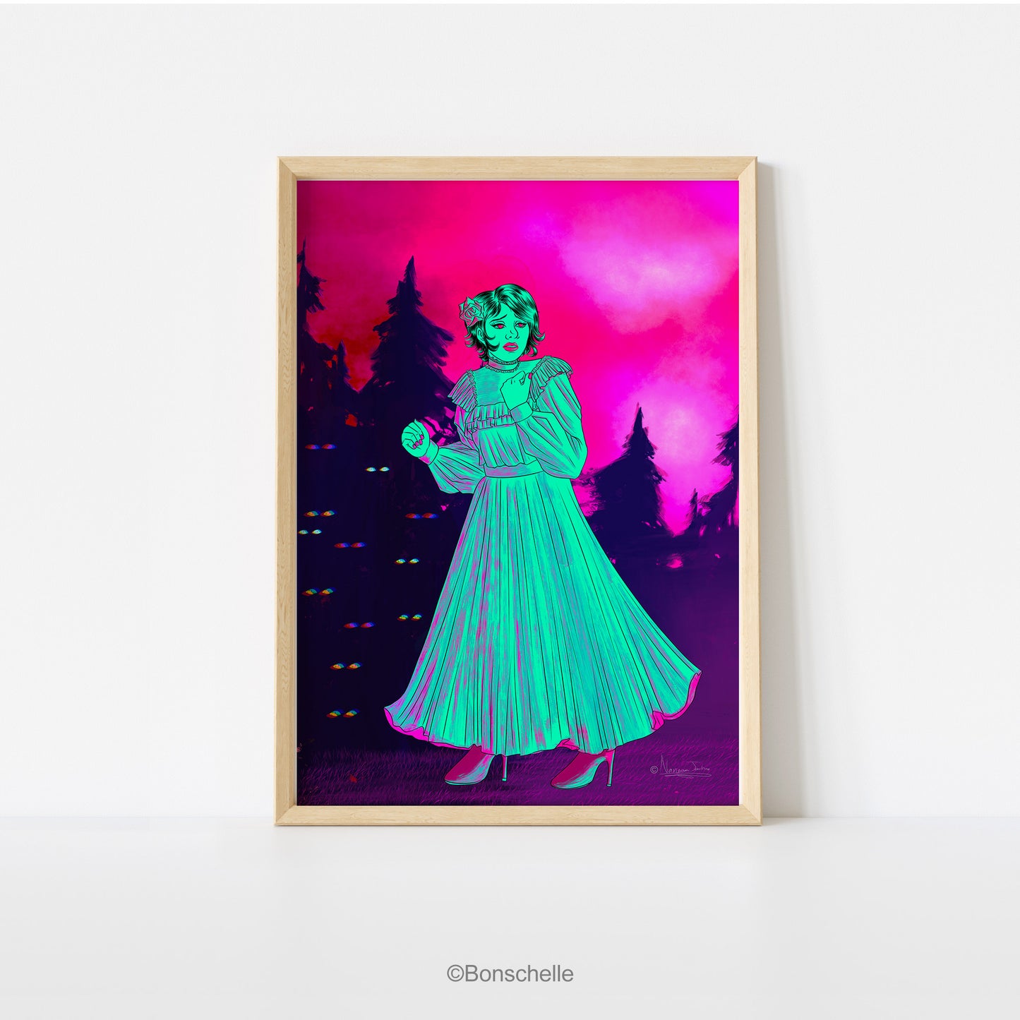 Maiden Lost In The Woods Neon Gothic Digital Art Poster Print shwon framed leaning against a wall