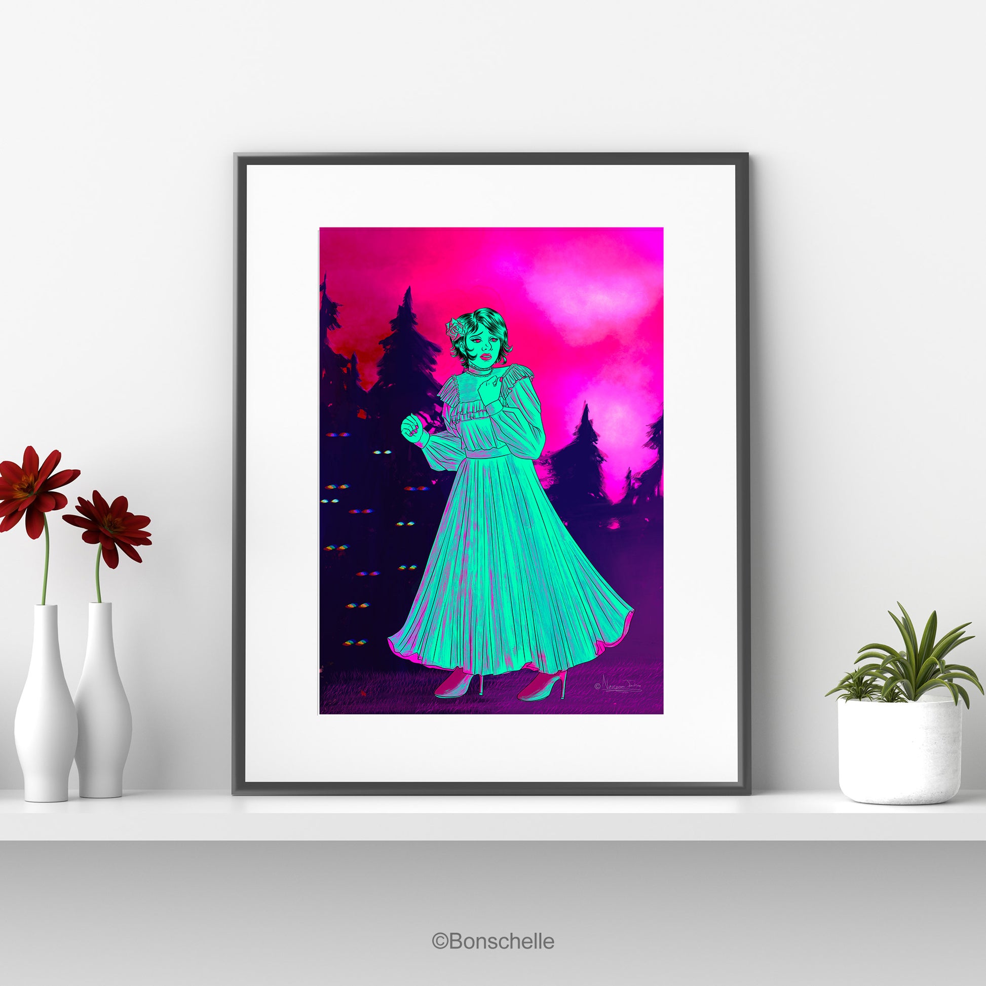 Maiden Lost In The Woods Neon Gothic Digital Art Poster Print shwon framed on a shelf