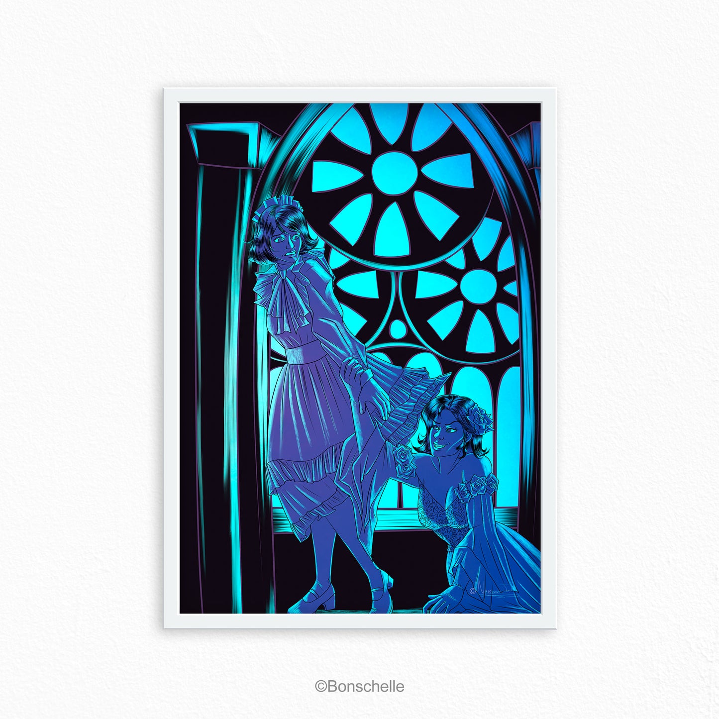 The Vampire's Grasp, Neon Gothic Digital Art Poster Prin shwon framed hanging on a wall
