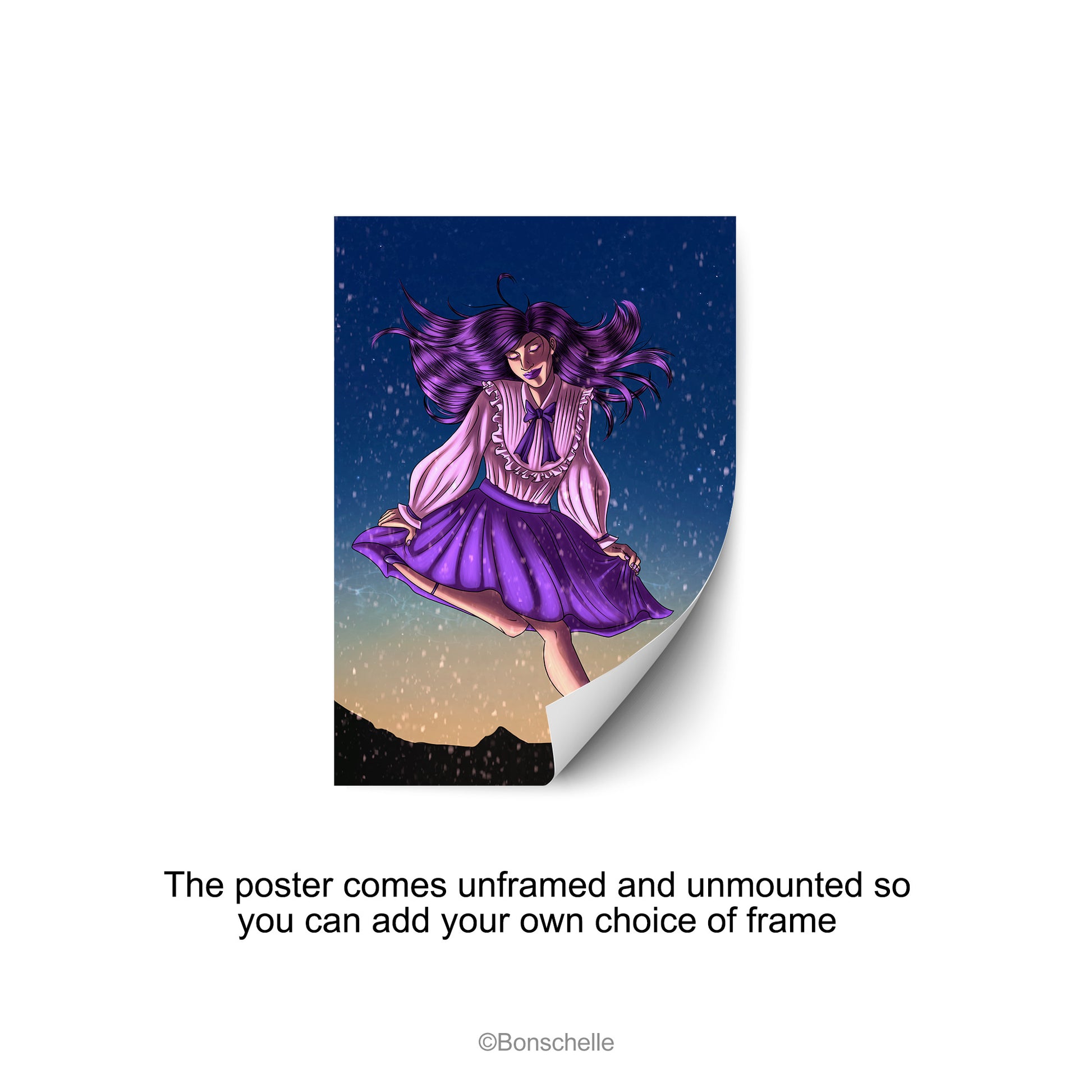 An original art print featuring a young girl in Lolita fashion dancing happily in the snow against an evening sky. The poster is unframed.