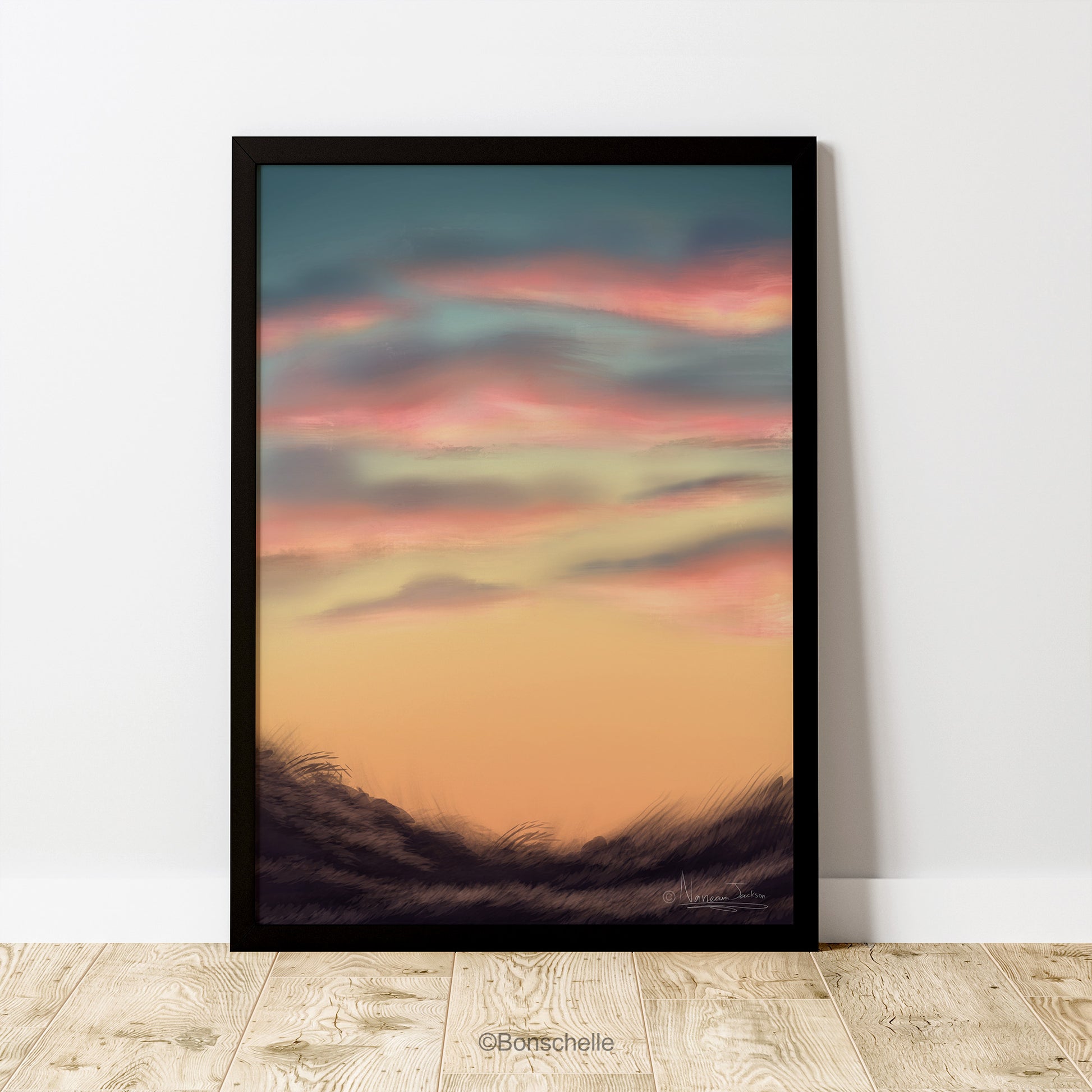 Original art poster print, 'Early Evening' in a black frame, on wooden floorboards against a white wall.