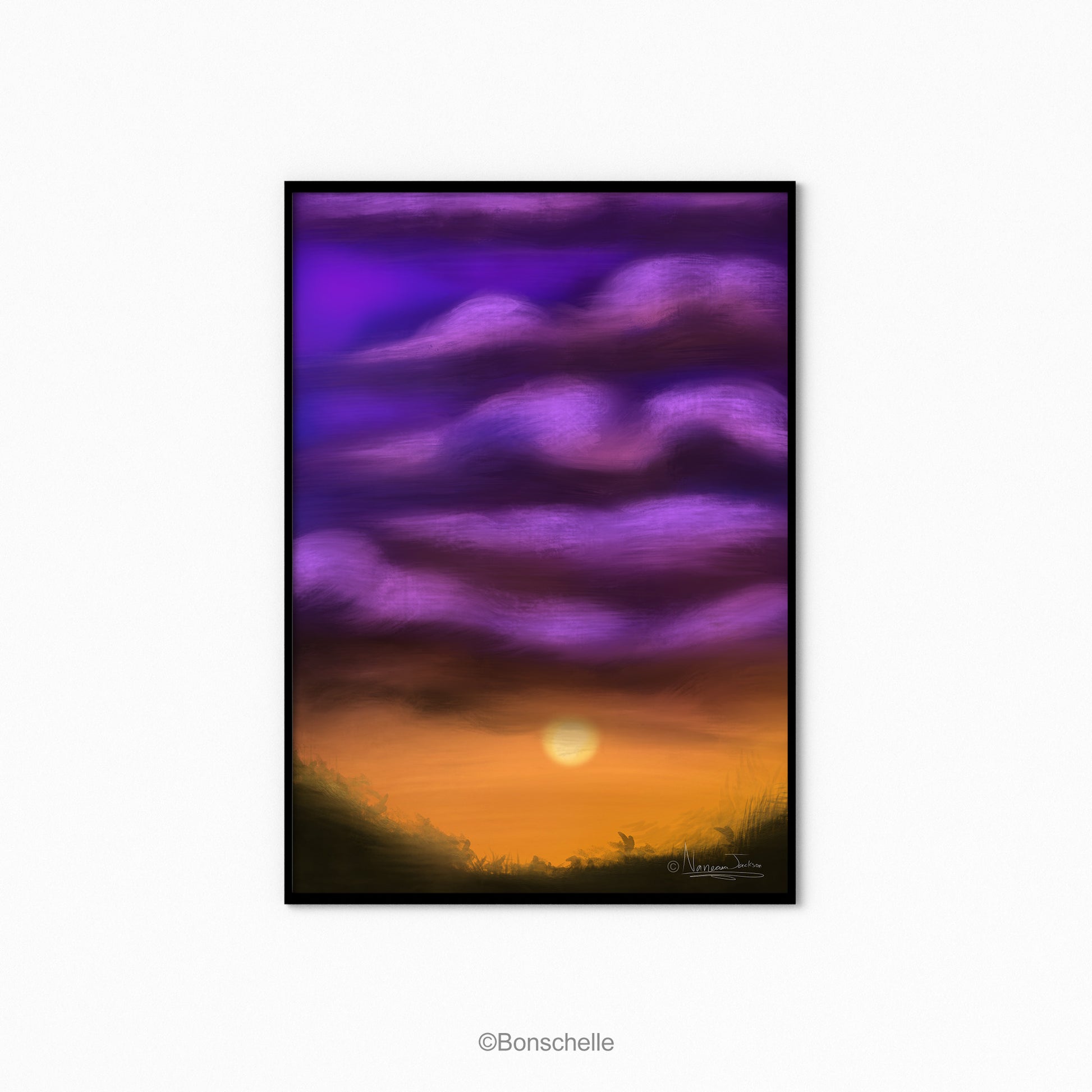 Original Art Poster showing an orange and purple sky with a setting sun in a thin black frame