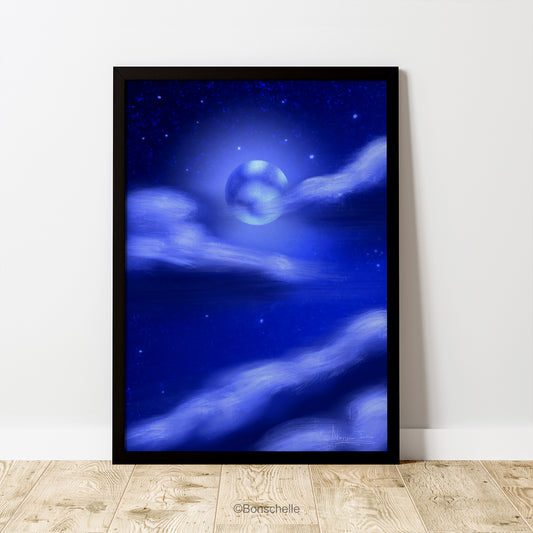 Original Art poster print with image of the Night Sky with full moon and clouds, framed in black and standing on wooden floorboards against a white wall.