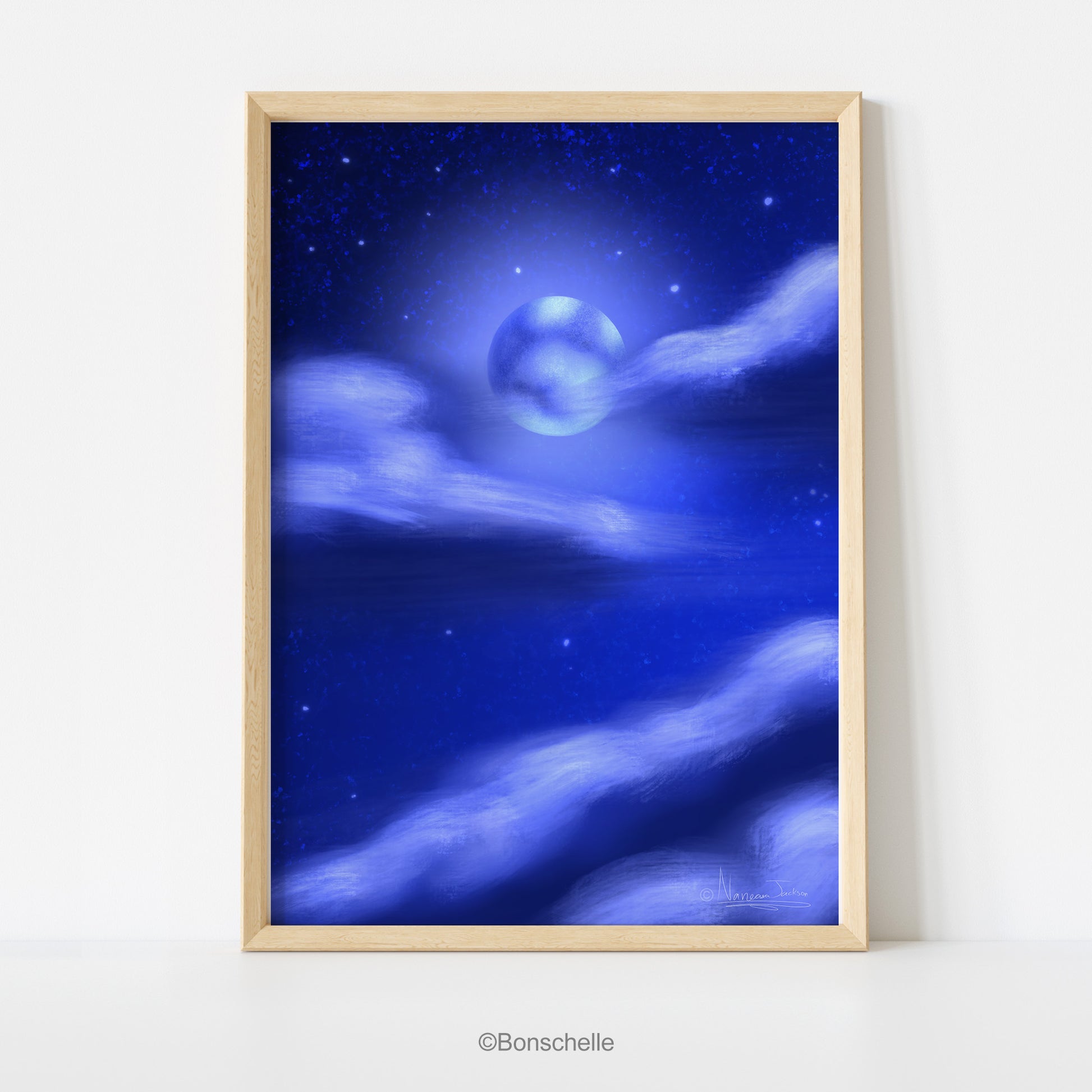 Original Art poster print with image of the Night Sky with full moon and clouds with pine-coloured wooden frame.