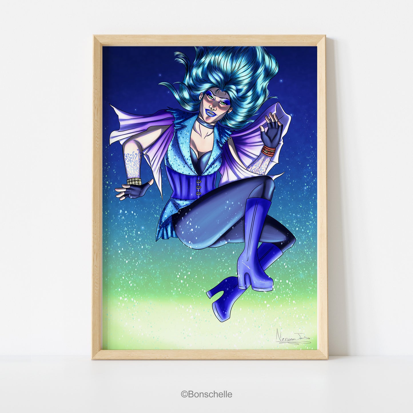 An original art print in which a vampire-witch with electric-blue hair flies in the air while the snow falls. The print has a thin pinewood frame.