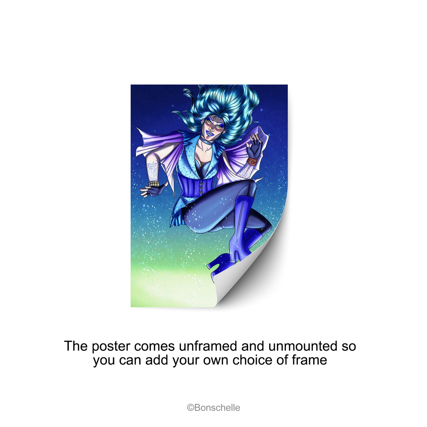 An original art print in which a vampire-witch with electric-blue hair flies in the air while the snow falls. The print is unframed.