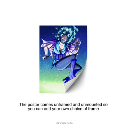 An original art print in which a vampire-witch with electric-blue hair flies in the air while the snow falls. The print is unframed.