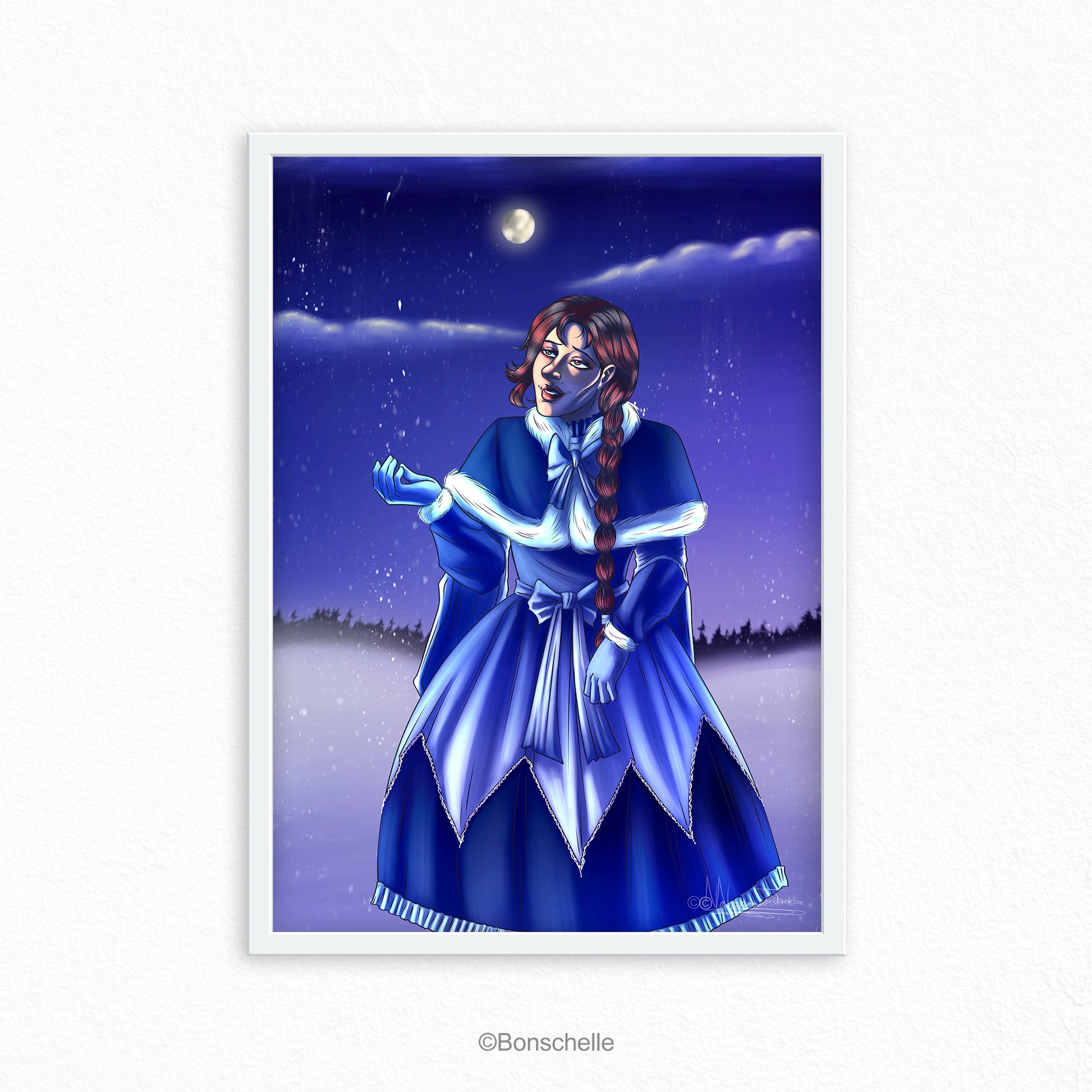 An original art print of a young girl in Lolita fashion holding her hand out to the snowflakes as they fall. The full moon glows in the background. The print has a white frame.