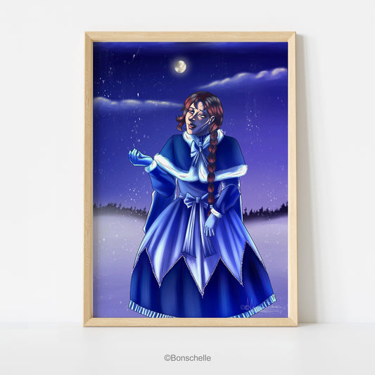 An original art print of a young girl in Lolita fashion holding her hand out to the snowflakes as they fall. The full moon glows in the background. The print is framed in pinewood.