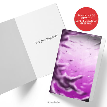 Greeting card with original art design inspired by the colours of the Asexual Pride Flag. Inside of card shown with custom greeting. Red sticker says ‘Blank inside or with a personalised greeting.’