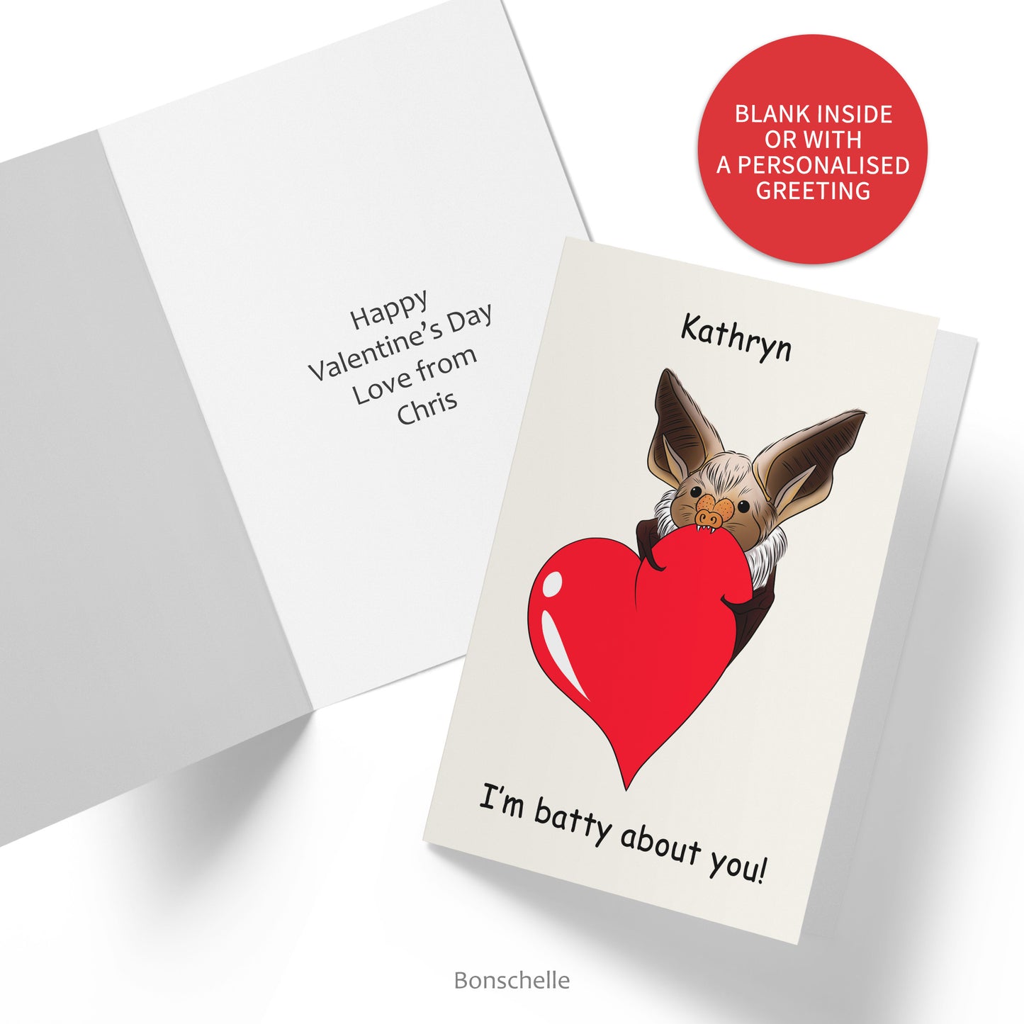 Inside and front views of the I'm Batty for You Cute Chibi Bat and Love Heart Valentine or Anniversary Card with a personalised greeting