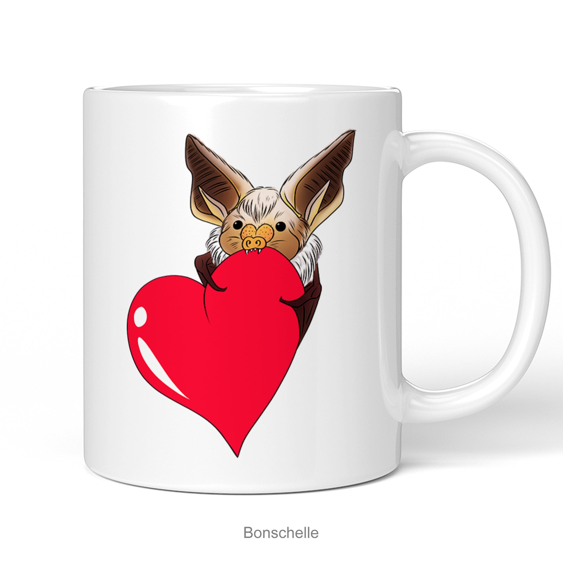 Cute Bat holding a red love heart design mug. 