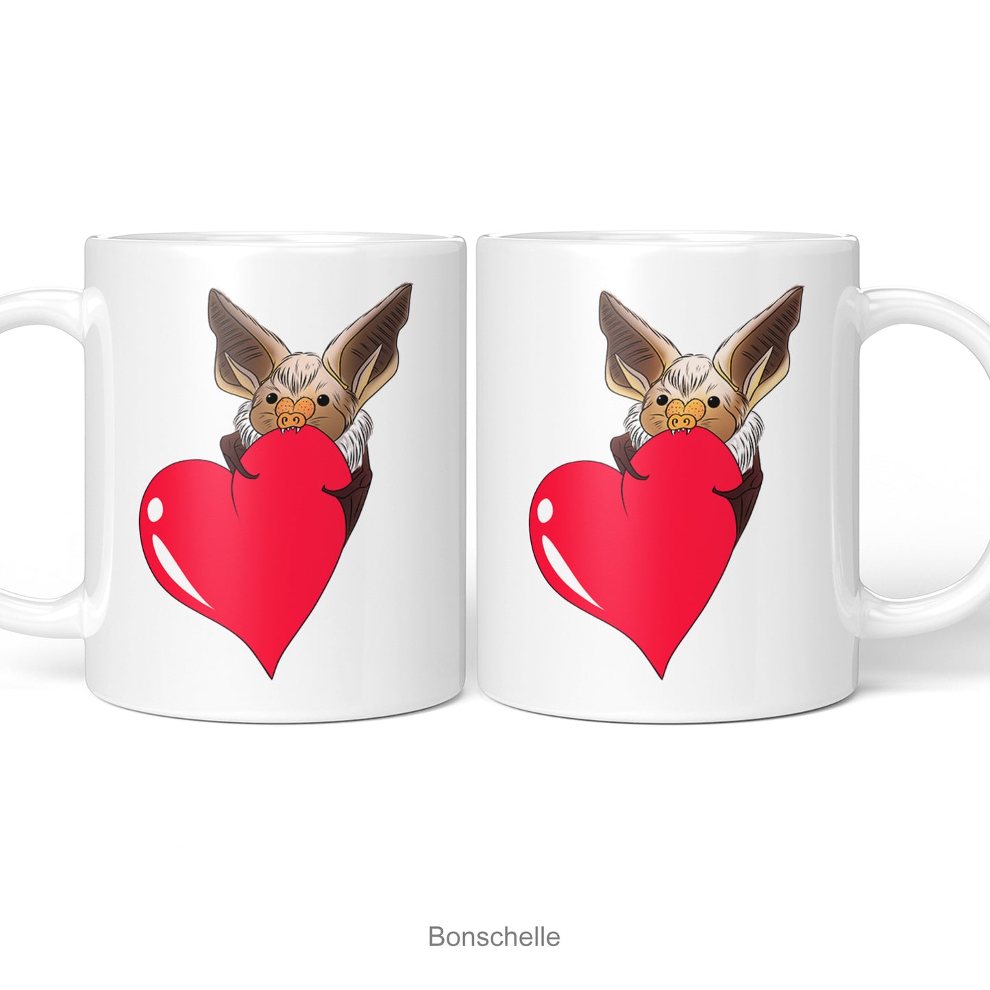 Left and right views of the Cute Bat holding a red love heart design mug.