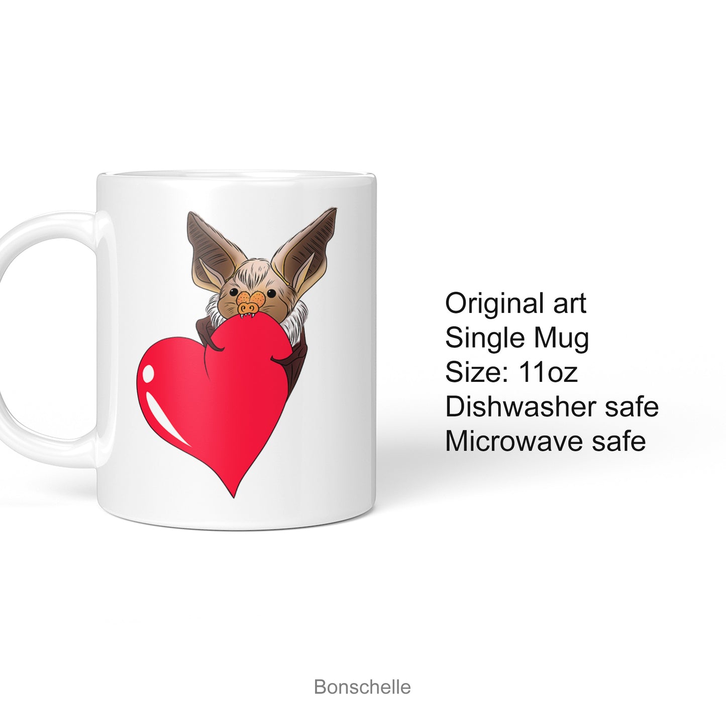 Product details for the Cute Bat holding a red love heart design mug.