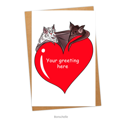 Cute Chibi Bat Couple with Love Heart Card with personalised greeting on the front