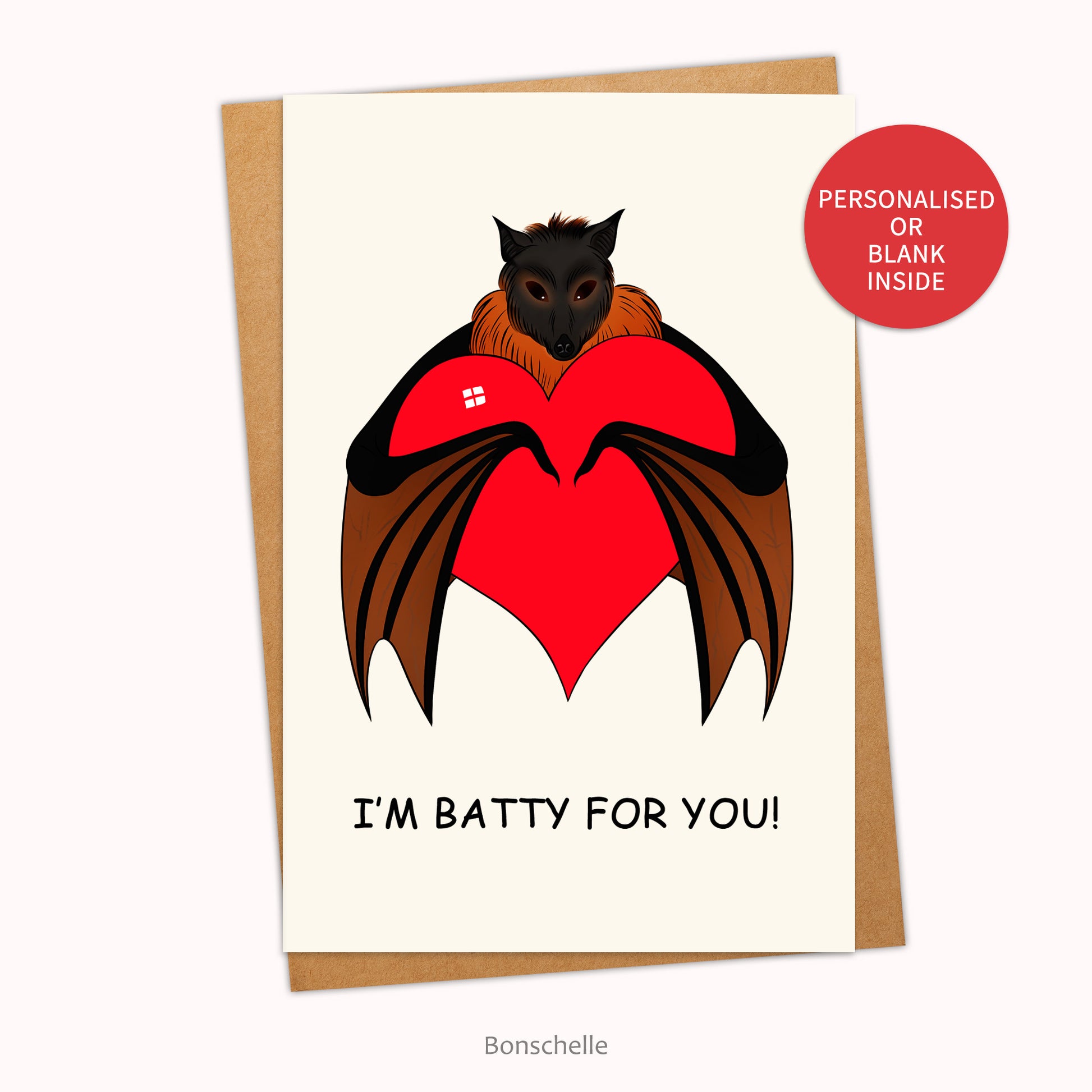 Batty for You Cute Chibi Bat with Love Heart Valentine or Anniversary Card with envelope