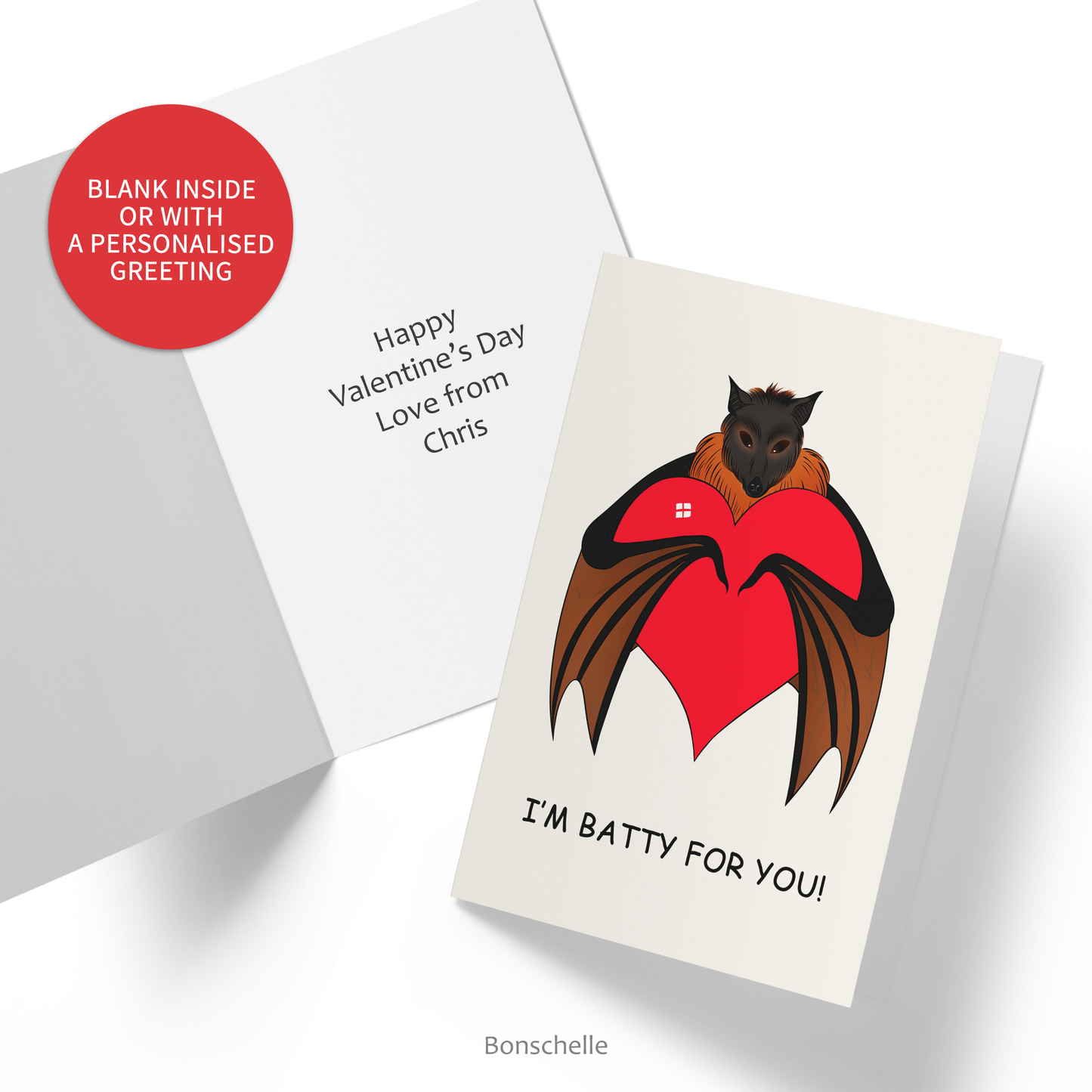 Inside and front views of the Batty for You Cute Chibi Bat with Love Heart Valentine or Anniversary Card with a personalised greeting