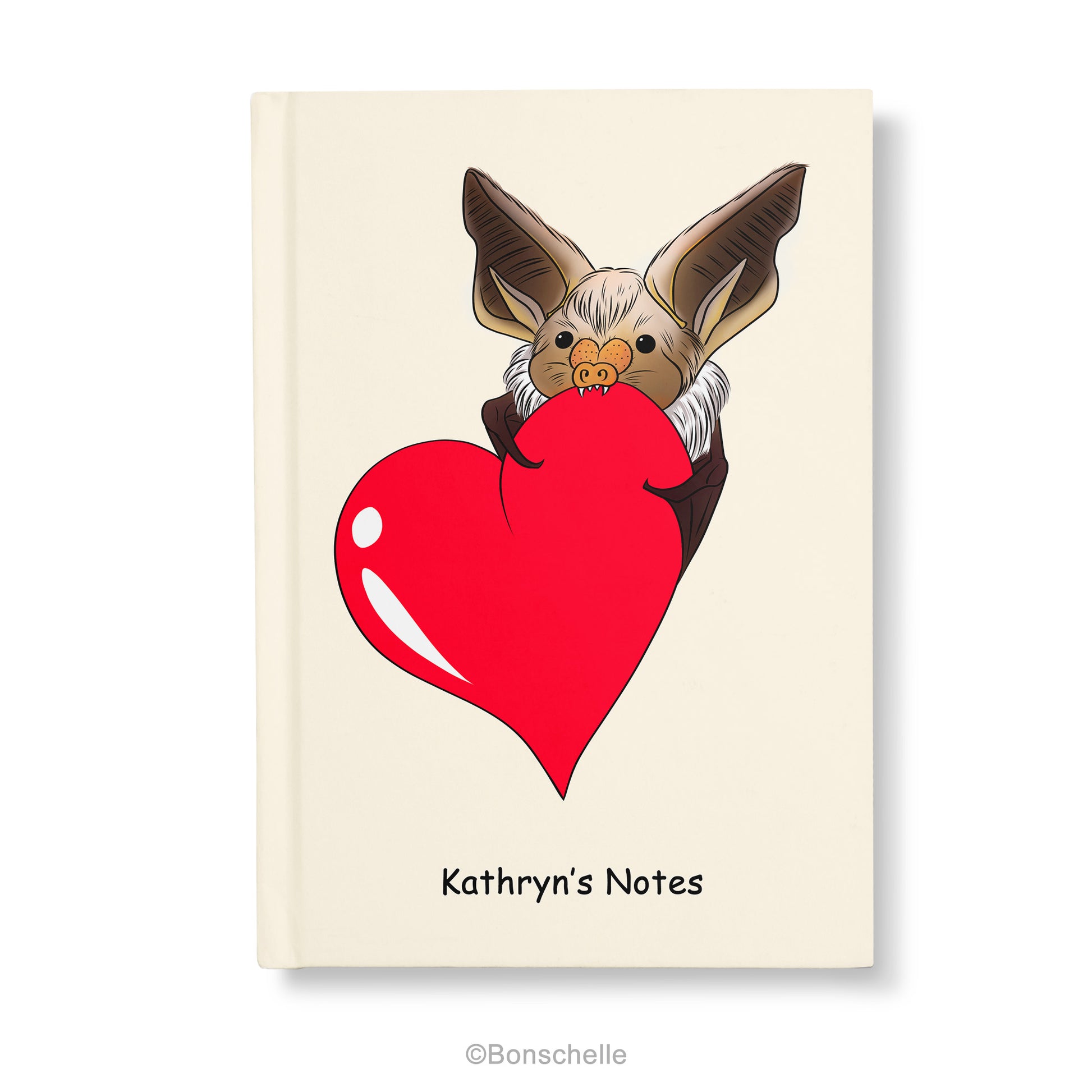 Cute Personalised Hard Cover Notebook, with a  Chibi Bat holding a red love heart and personalisation on the front.