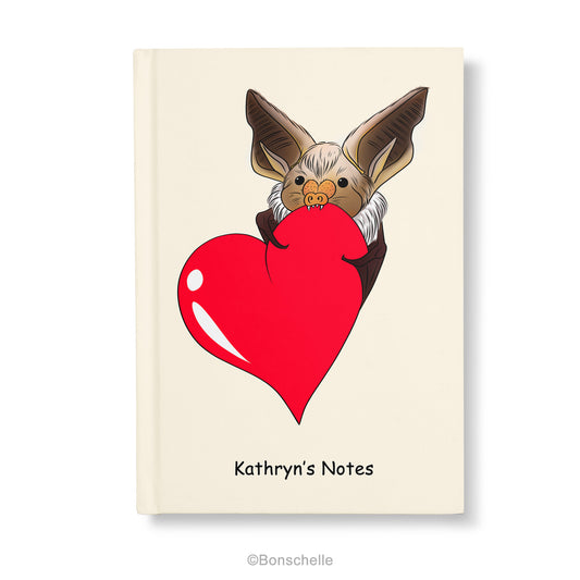 Cute Personalised Hard Cover Notebook, with a  Chibi Bat holding a red love heart and personalisation on the front.