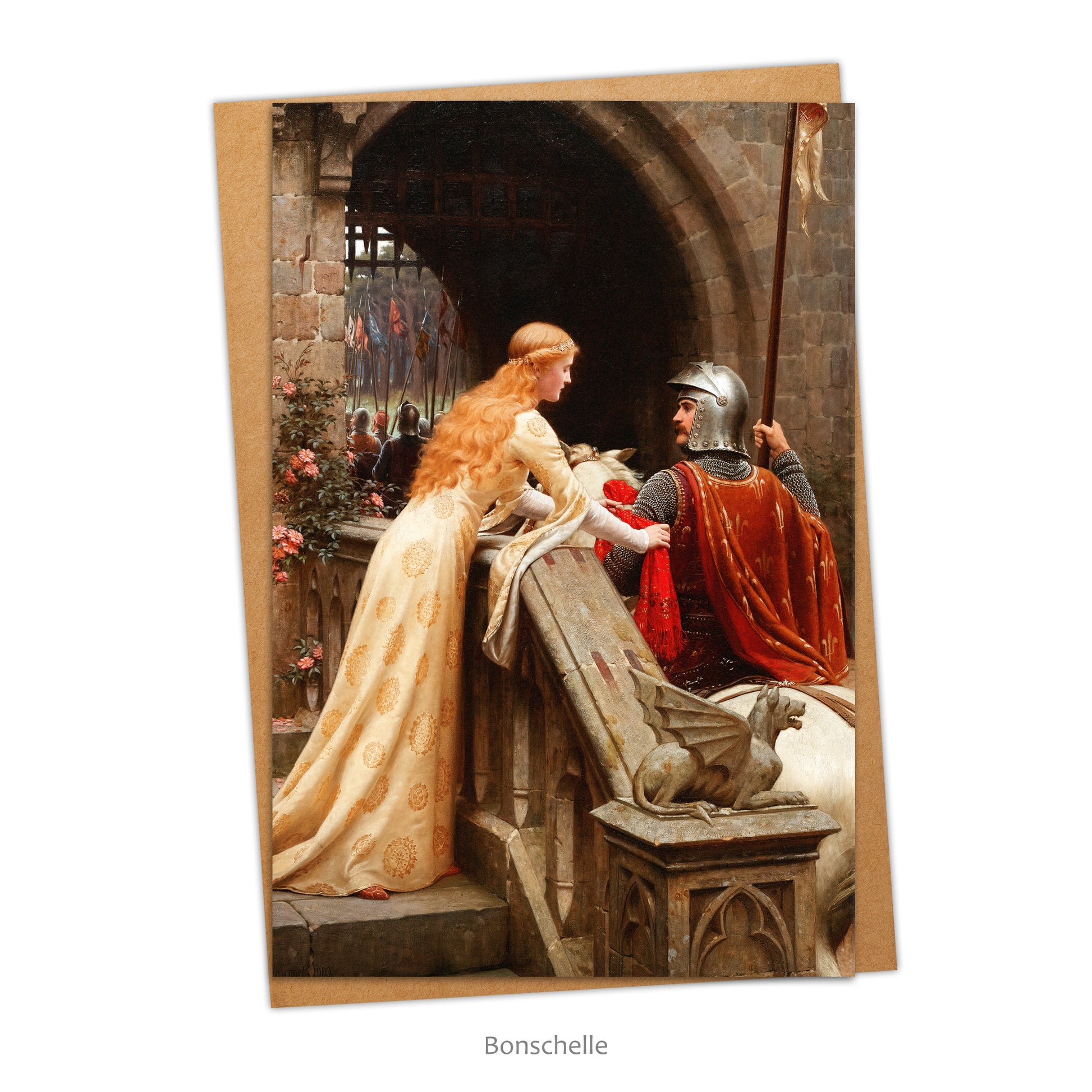 Card and envelope with image Pre-Raphaelite chivalry painting, 'God Speed' by Edmund Leighton (1852–1922) 