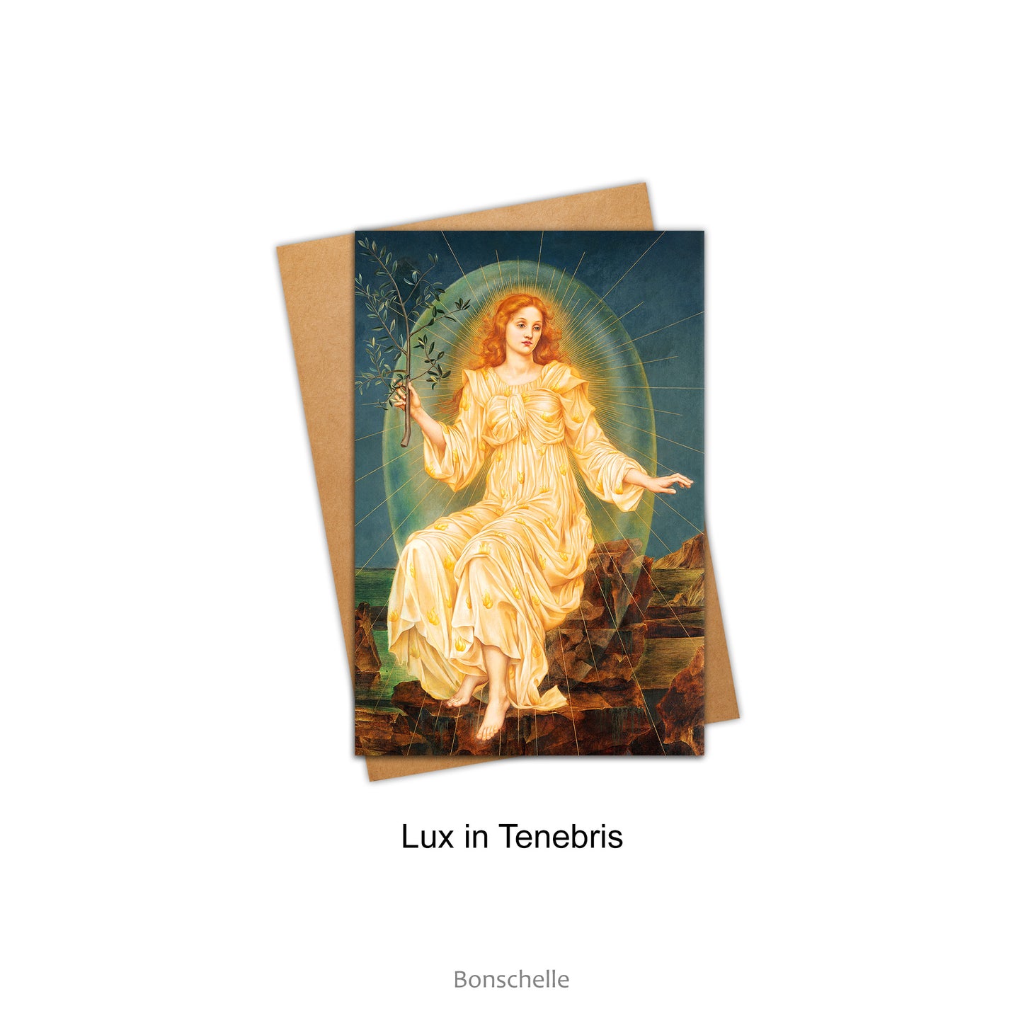Card and envelope with image of 'Lux in Tenebris' (Light in Darkness) by Evelyn De Morgan (1855–1919)