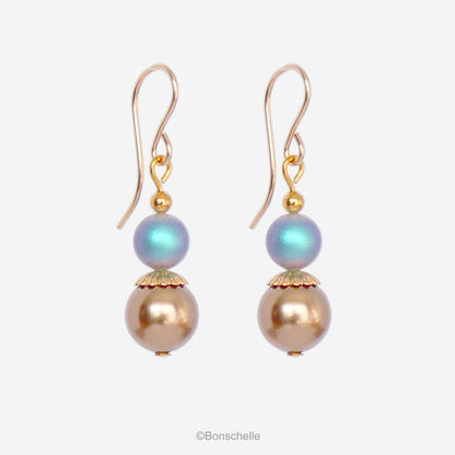 Sky blue irridescent and bronze toned pearl earrings for women with 14K gold filled earwires