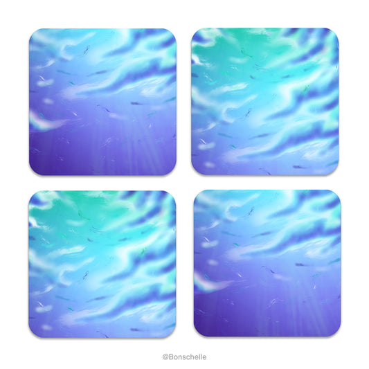 Set of four coasters with original art cloud designs in blues, purples and aquamarine. Design inspired by colours of Ocean Gay Pride Flag
