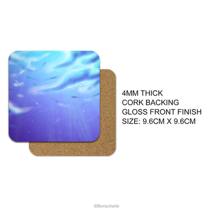 Coaster product details. 4mm Thick, cork backing, gloss front finish, size 9.6cm x 9.6cm.