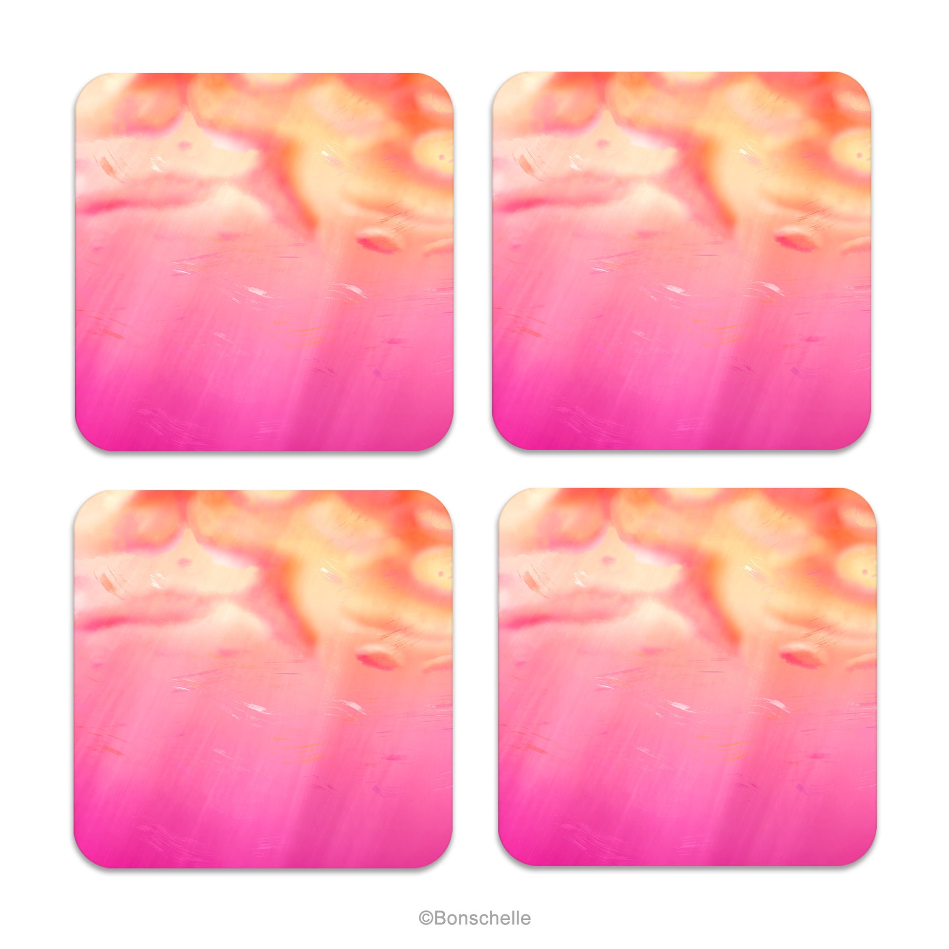Set of four coasters with original art cloud designs in deep and pale shades of pink and peach. Design inspired by colours of Lesbian Pride Flag