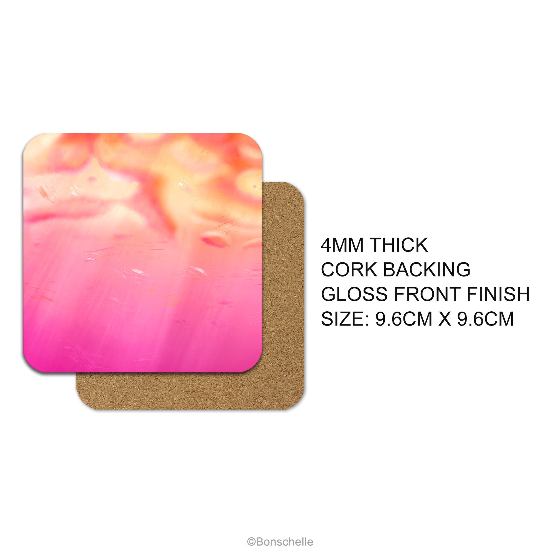 Coaster product details. 4mm Thick, cork backing, gloss front finish, size 9.6cm x 9.6cm.