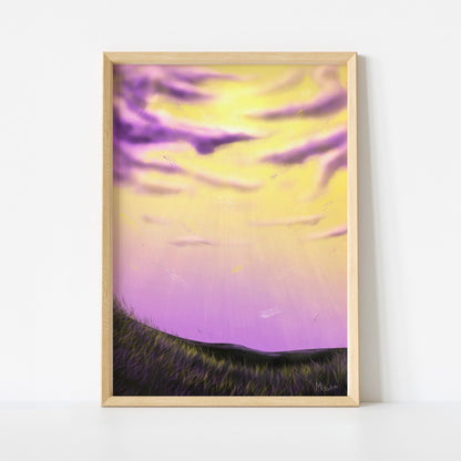 An original art print showing cloud art using the colours of the Non-Binary Pride Flag. The print is shown with a pine wood frame.