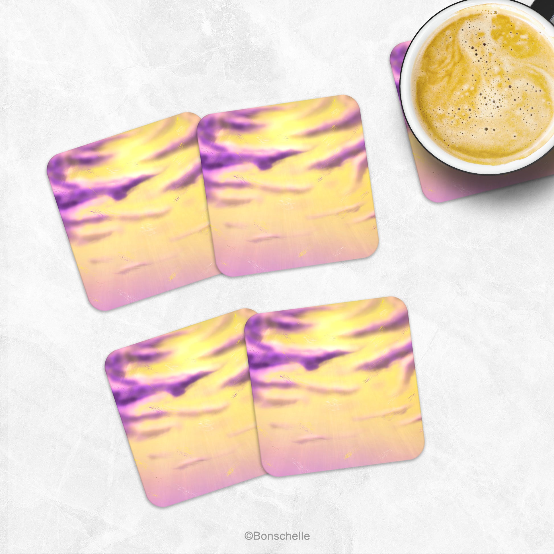 Original Art Coaster Set, LGBTQ Non-Binary Pride Flag Cloud Art on a marble table with a cup of coffee