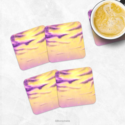 Original Art Coaster Set, LGBTQ Non-Binary Pride Flag Cloud Art on a marble table with a cup of coffee