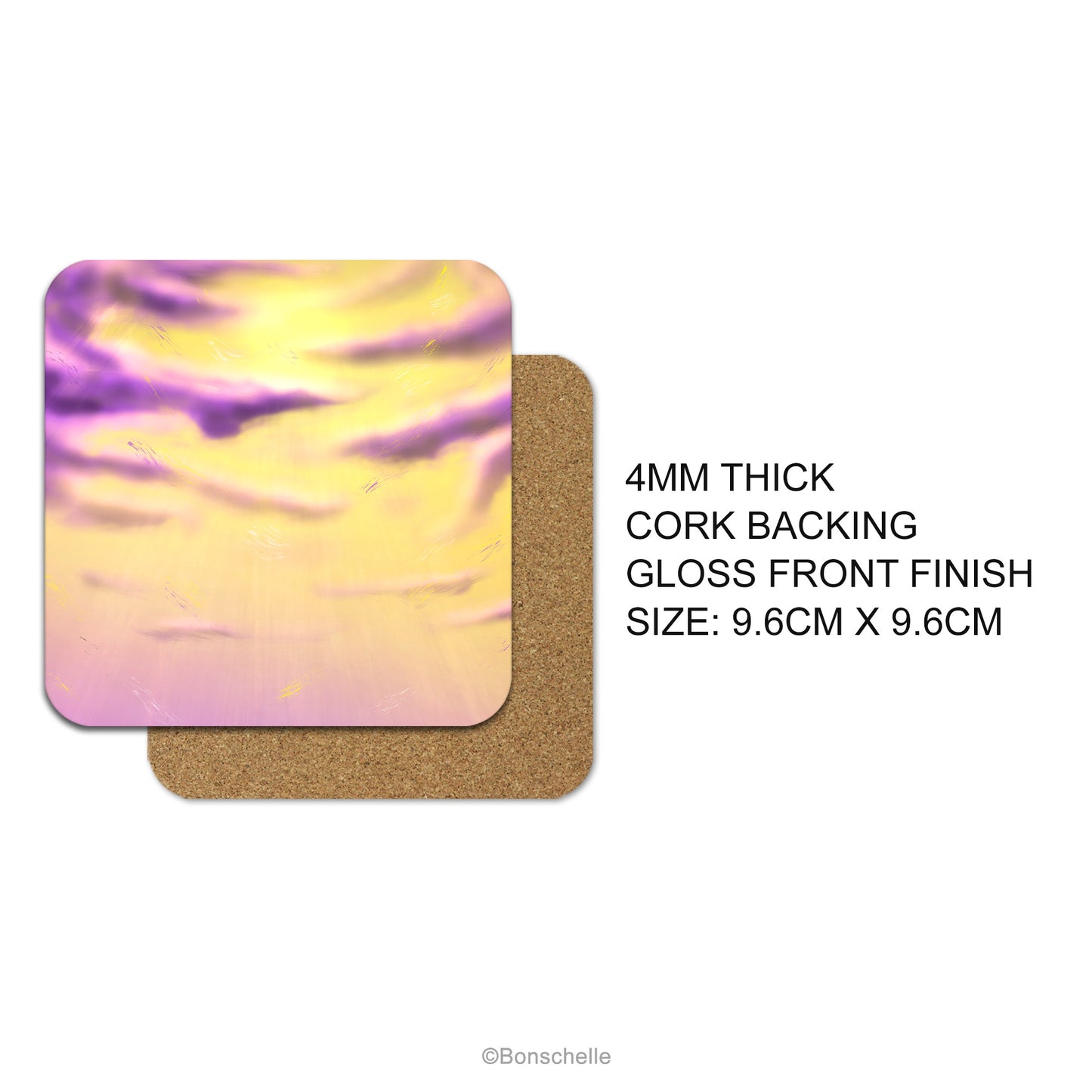 Coaster product details. 4mm Thick, cork backing, gloss front finish, size 9.6cm x 9.6cm.