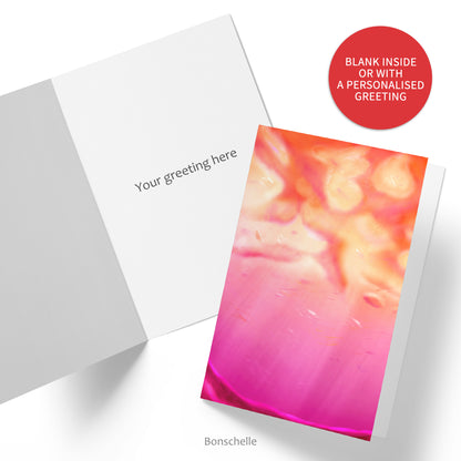 Greeting card with original art design inspired by the colours of the Lesbian Pride Flag. Inside of card shown with custom greeting. Red sticker says ‘Blank inside or with a personalised greeting.’