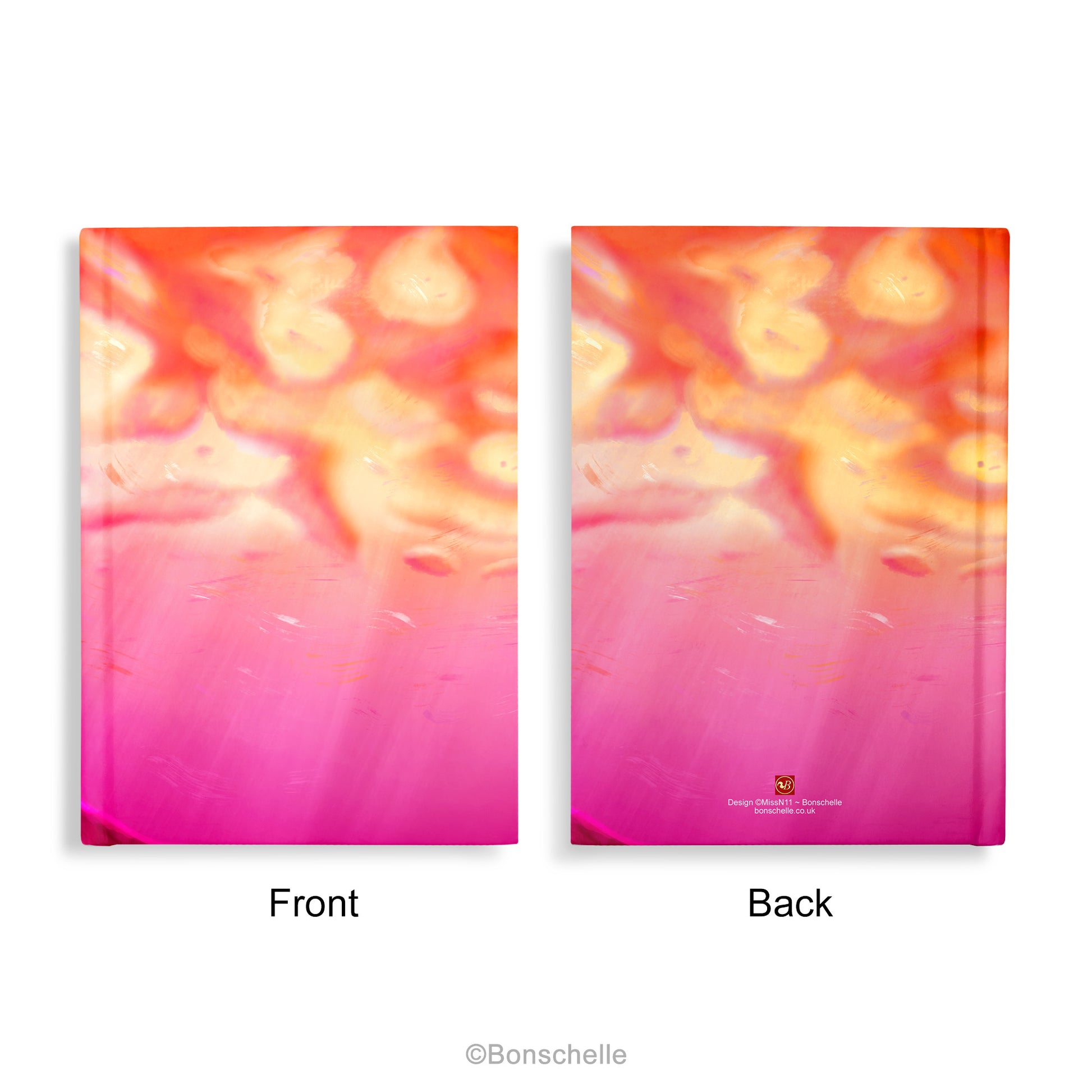 Front and back of hardcover notebook with original cloud art landscape design made with colours of Lesbian Pride Flag.