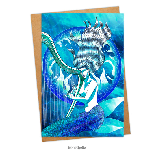 Blue Mermaid with Harp Art Greeting Card, Personalised or Blank