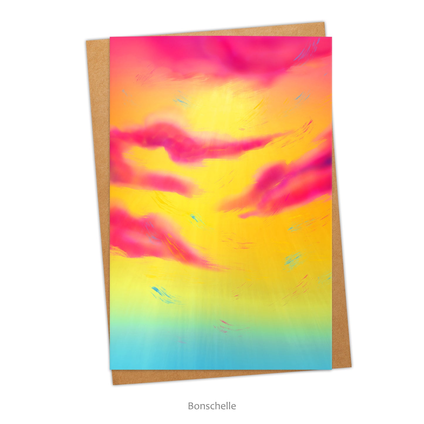 Greeting card and envelope with original art design inspired by the colours of the Pansexual Pride Flag.
