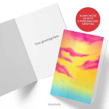 Greeting card with original art design inspired by the colours of the Pansexual Pride Flag. Inside of card shown with custom greeting. Red sticker says ‘Blank inside or with a personalised greeting.’