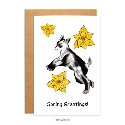 Baby Goat with Daffodils Springtime Card, Personalised or Blank