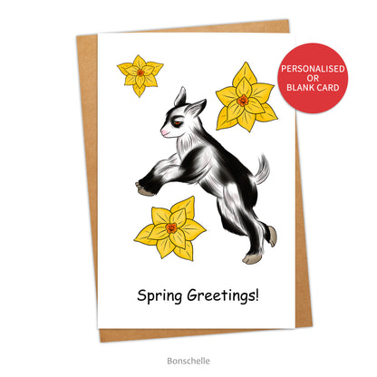 Baby Goat with Daffodils Springtime Card, Personalised or Blank
