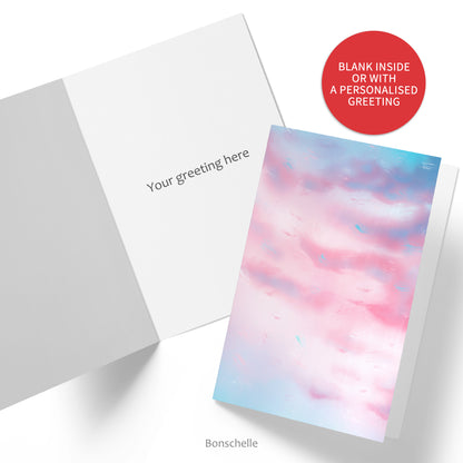 Greeting card with original art design inspired by the colours of the Transgender Pride Flag. Inside of card shown with custom greeting. Red sticker says ‘Blank inside or with a personalised greeting.’